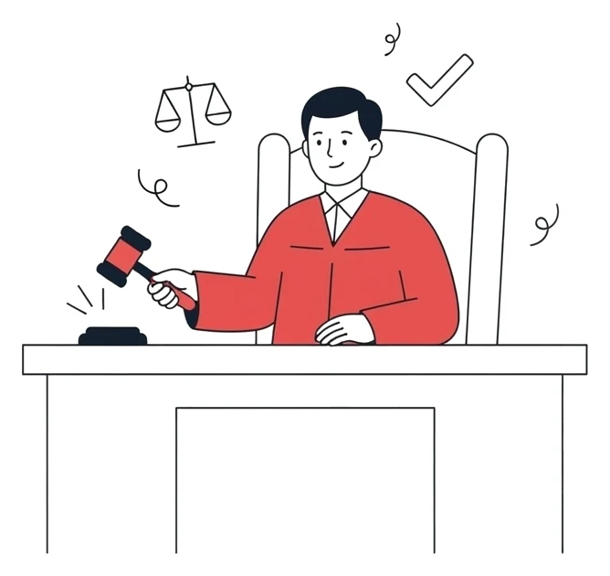 Ilustração de um juiz sorrindo com o martelo na mesa
